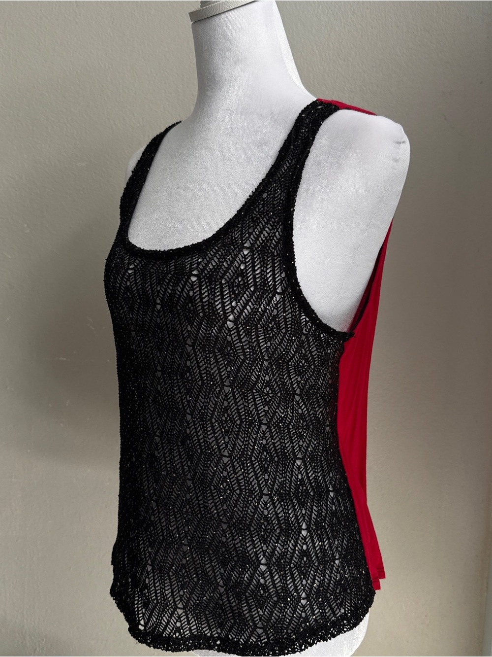 Black Crochet Overlay Tank with Red Back